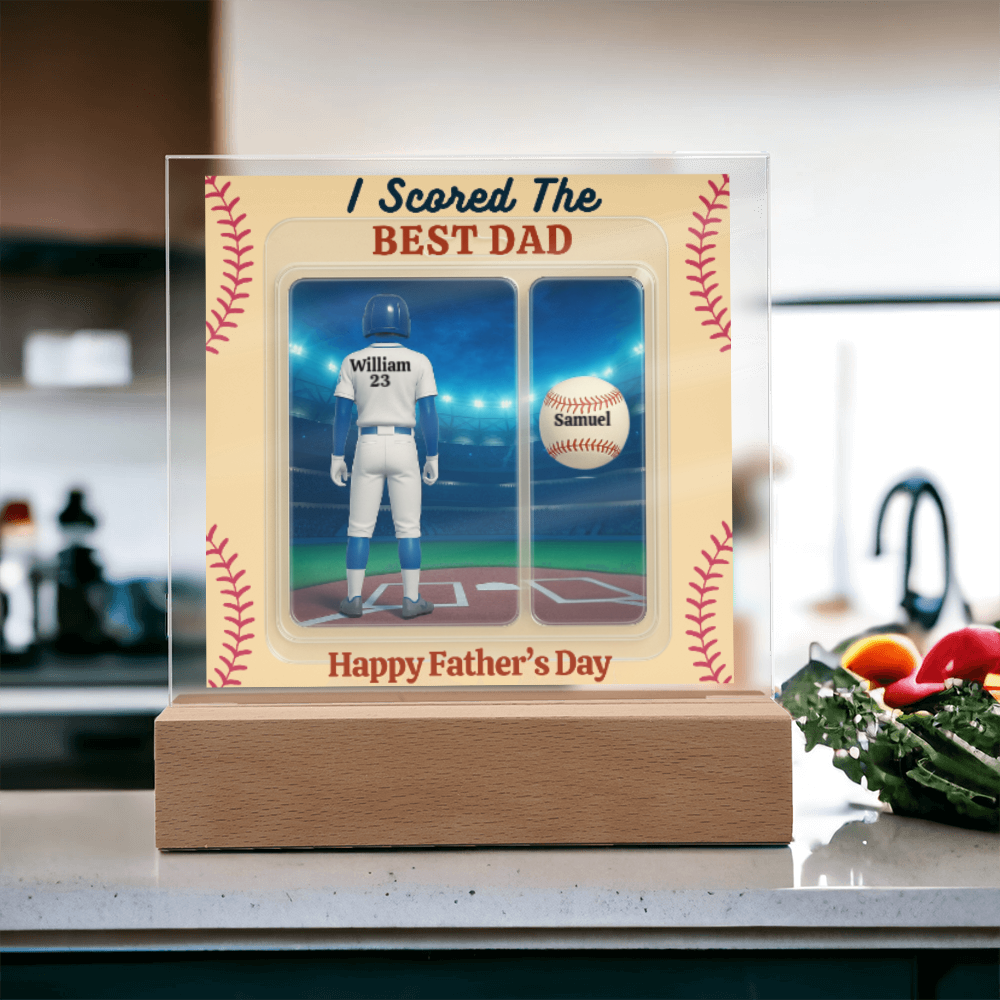 LED Base Acrylic Square Plaque - Scored The Best Dad - Baseball