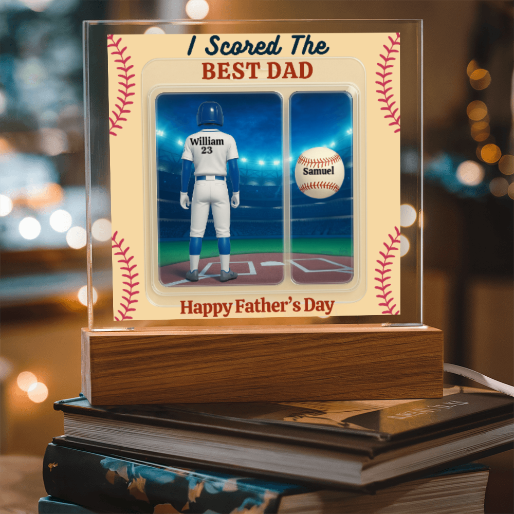 LED Base Acrylic Square Plaque - Scored The Best Dad - Baseball
