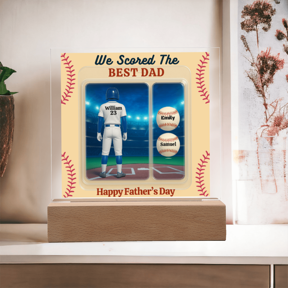 LED Base Acrylic Square Plaque - Scored The Best Dad - Baseball