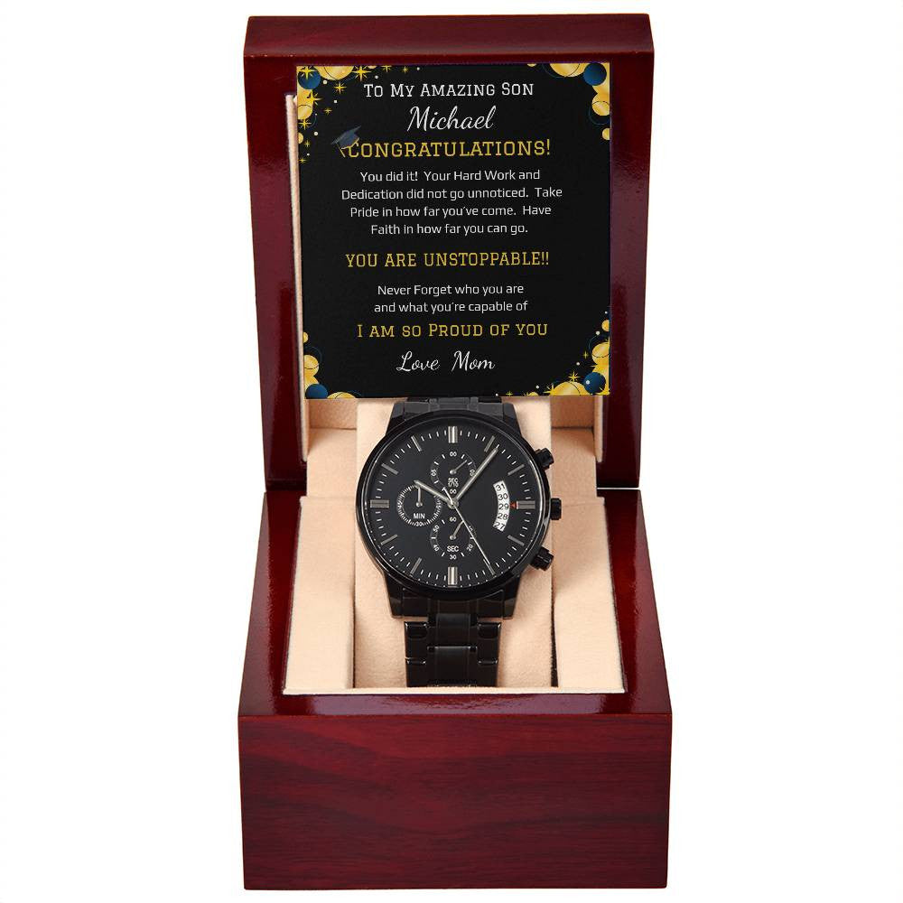 - Black Chronograph Watch + MC (NO ENGRAVING