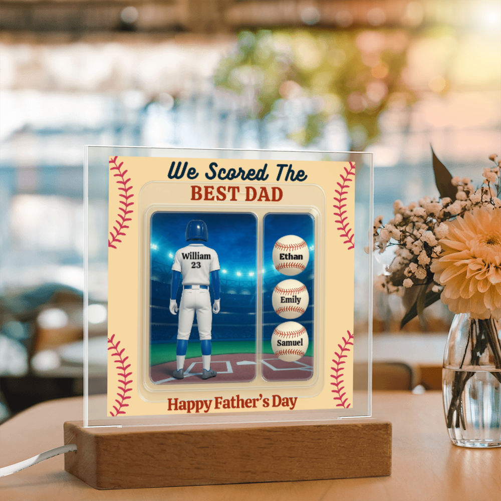 LED Base Acrylic Square Plaque - Scored The Best Dad - Baseball
