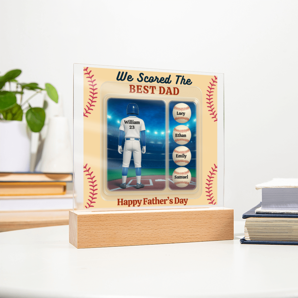 LED Base Acrylic Square Plaque - Scored The Best Dad - Baseball
