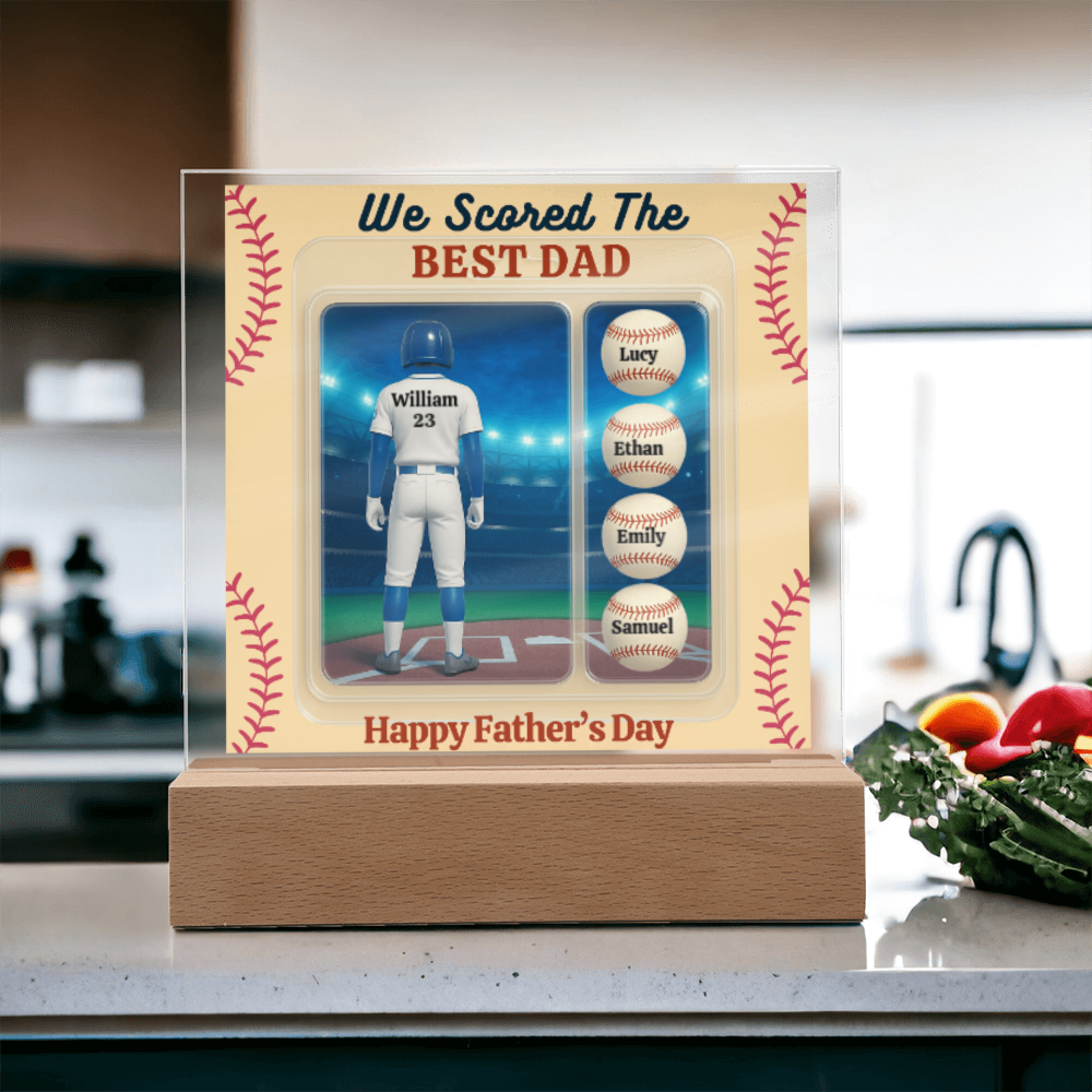 LED Base Acrylic Square Plaque - Scored The Best Dad - Baseball