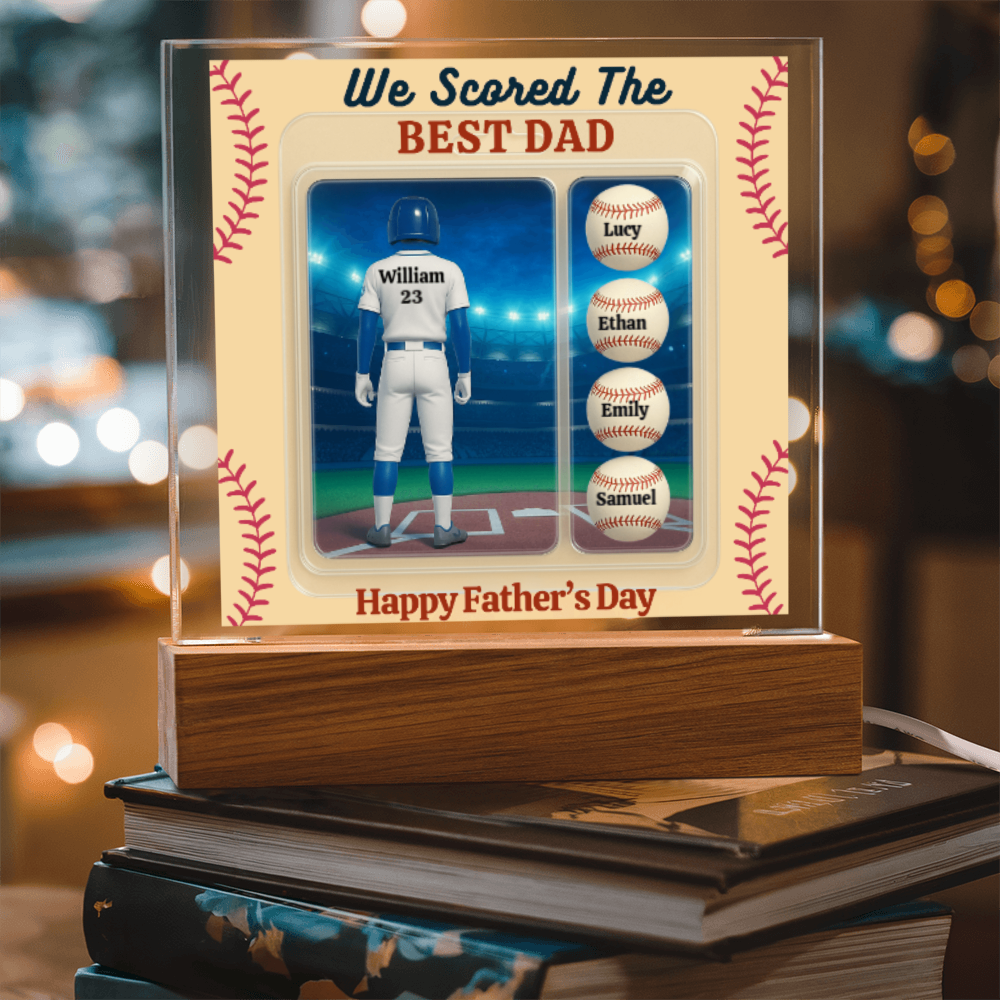 LED Base Acrylic Square Plaque - Scored The Best Dad - Baseball