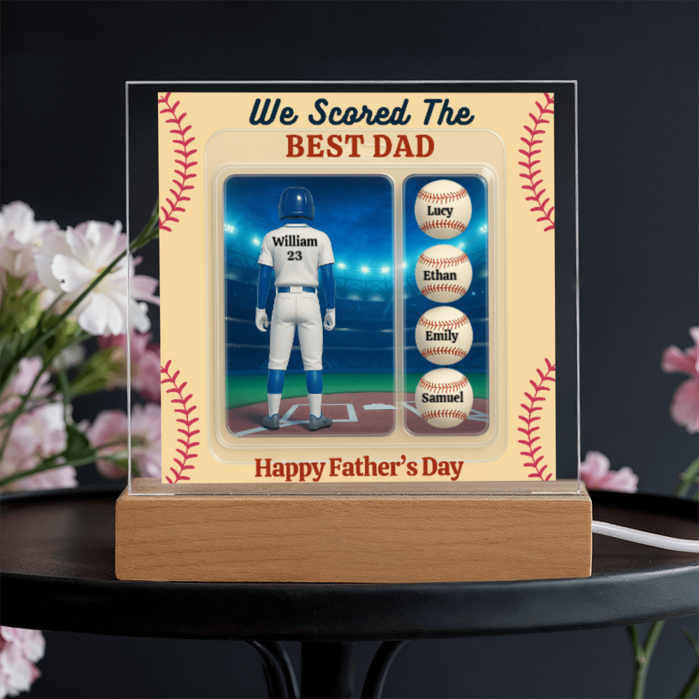 LED Base Acrylic Square Plaque - Scored The Best Dad - Baseball