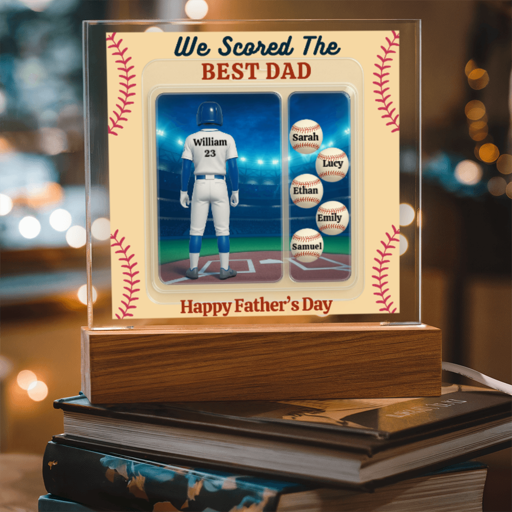 LED Base Acrylic Square Plaque - Scored The Best Dad - Baseball