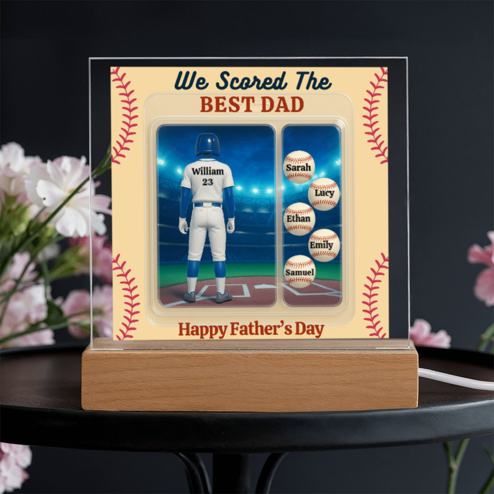 LED Base Acrylic Square Plaque - Scored The Best Dad - Baseball
