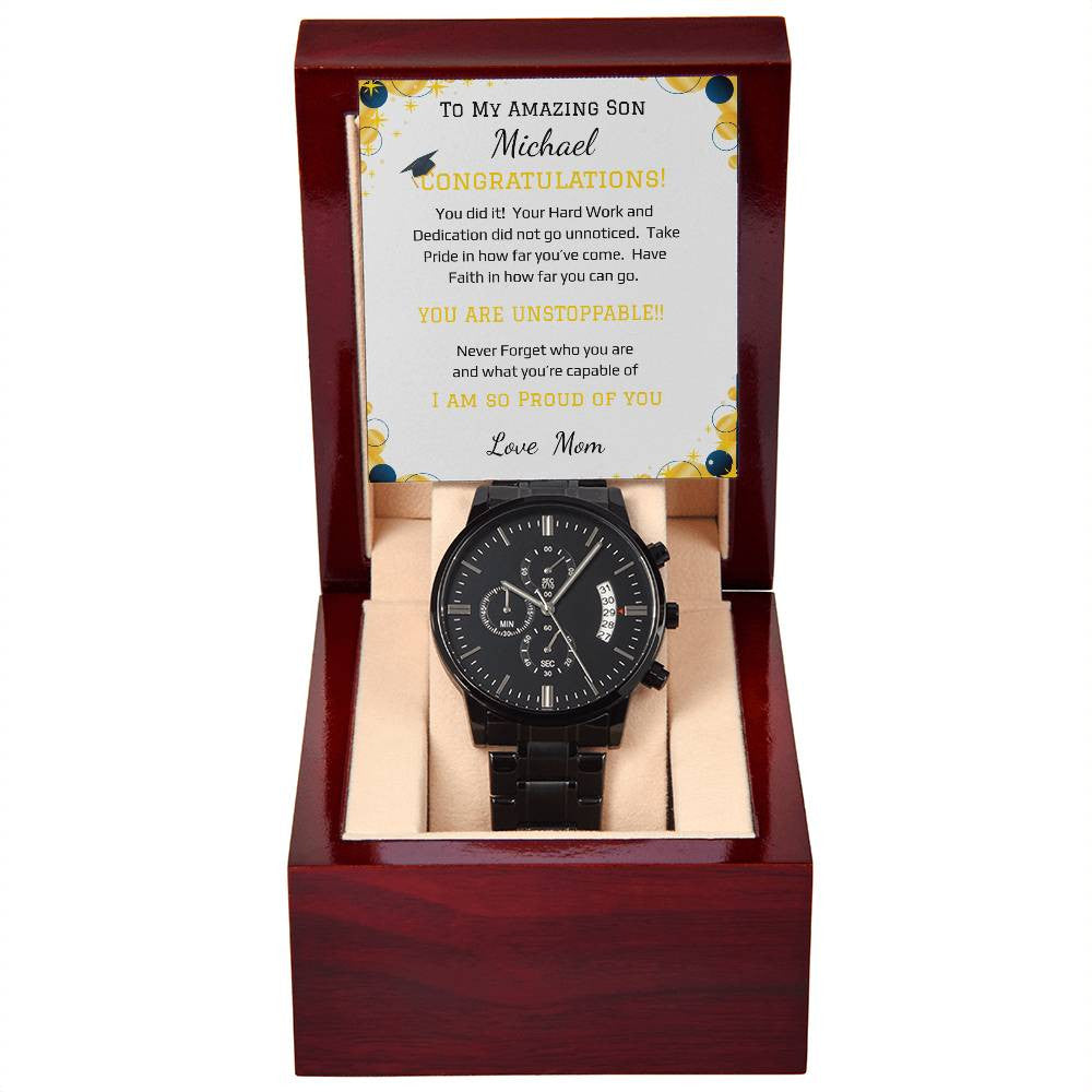 - Black Chronograph Watch + MC (NO ENGRAVING