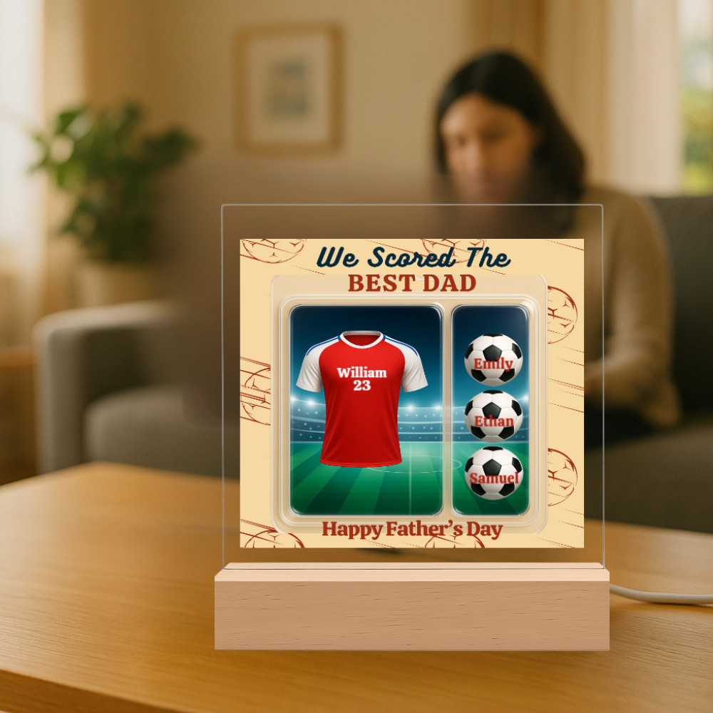 LED - Wooden Base Acrylic Square Plaque - Scored The Best Dad - Soccer
