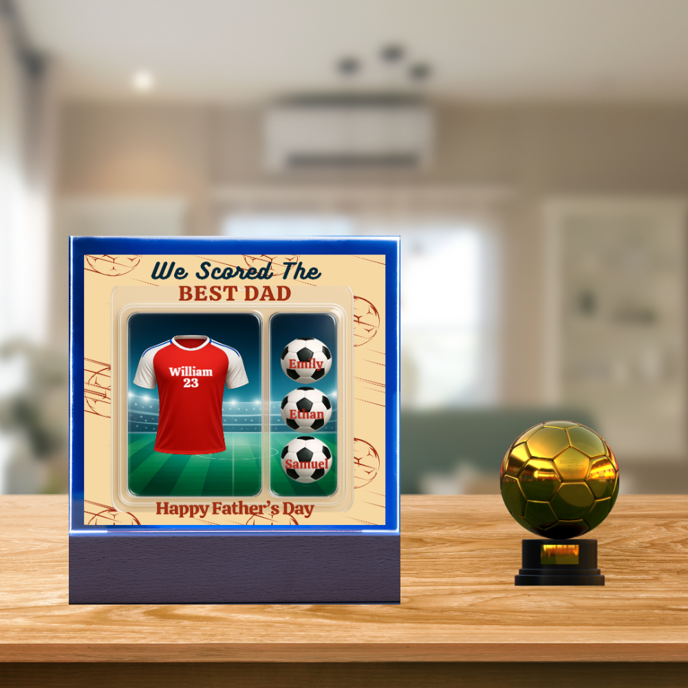 LED - Wooden Base Acrylic Square Plaque - Scored The Best Dad - Soccer