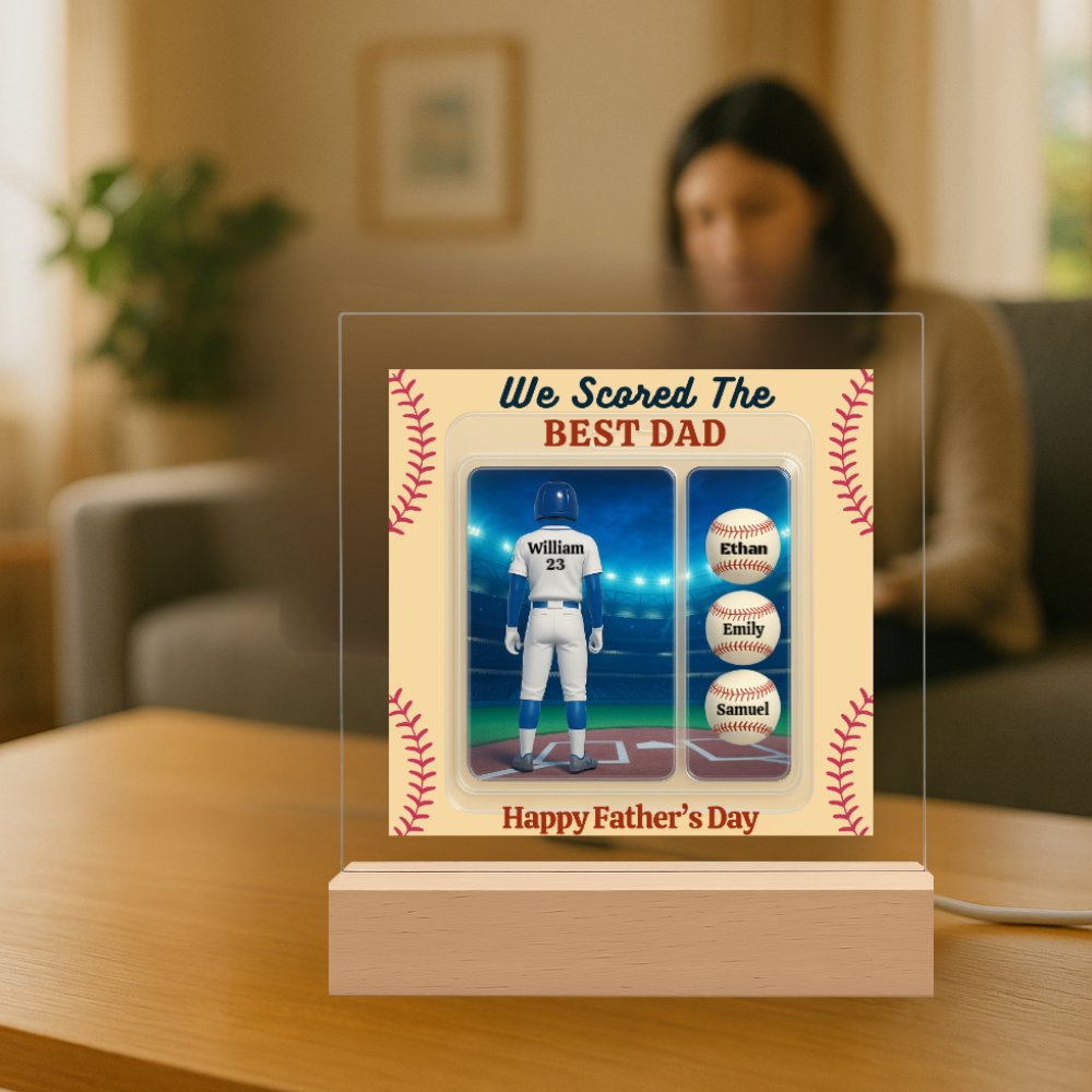 LED Base Acrylic Square Plaque - Scored The Best Dad - Baseball