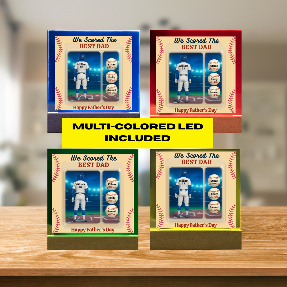 LED Base Acrylic Square Plaque - Scored The Best Dad - Baseball