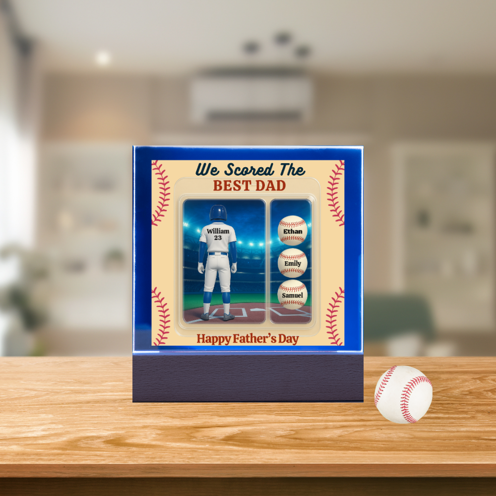 LED Base Acrylic Square Plaque - Scored The Best Dad - Baseball