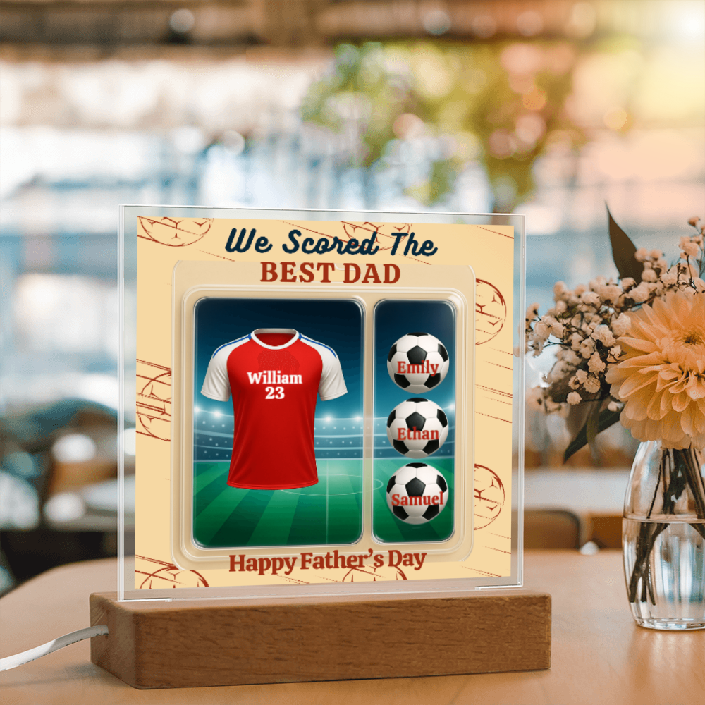 LED - Wooden Base Acrylic Square Plaque - Scored The Best Dad - Soccer