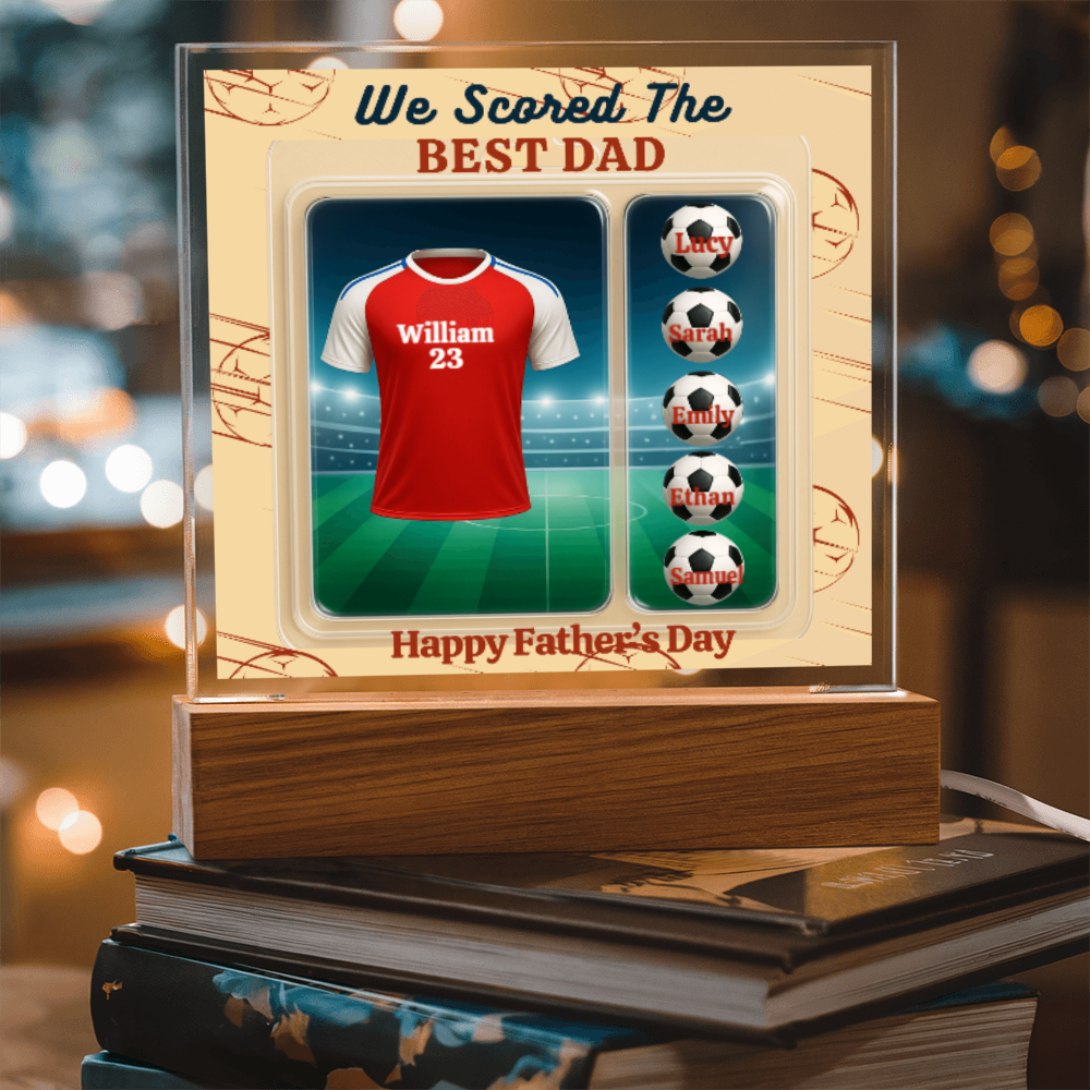 LED - Wooden Base Acrylic Square Plaque - Scored The Best Dad - Soccer
