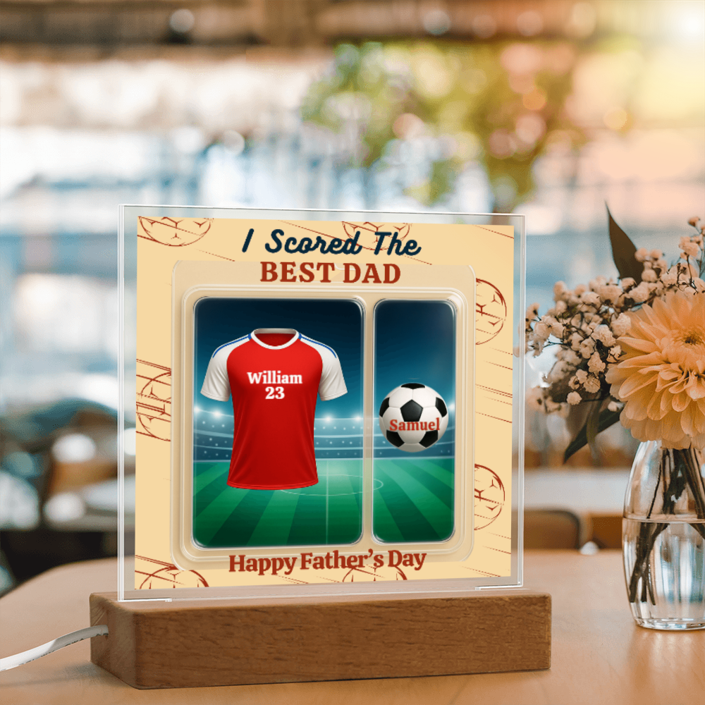 LED - Wooden Base Acrylic Square Plaque - Scored The Best Dad - Soccer