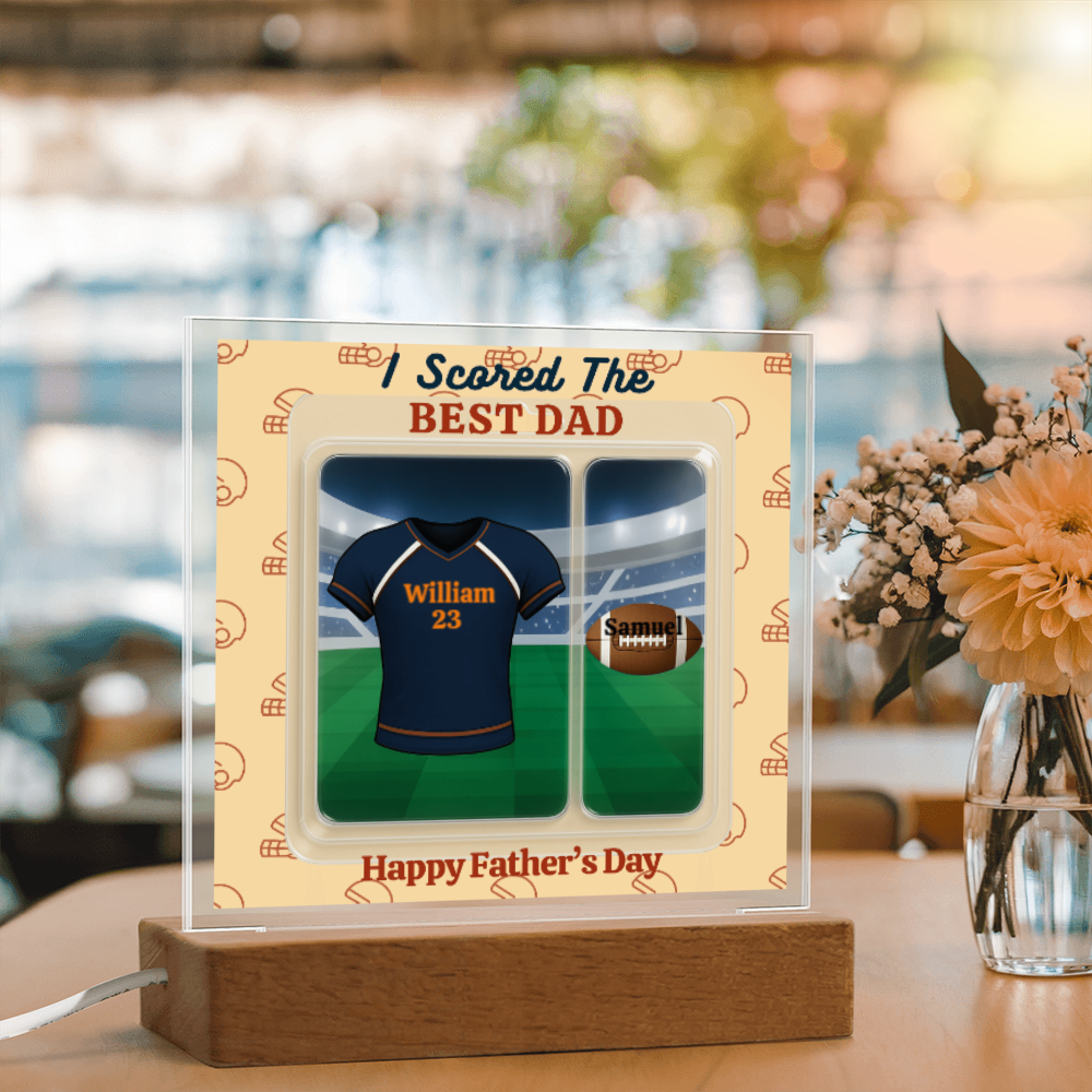 LED - Wooden Base Acrylic Square Plaque - Scored The Best Dad - Football