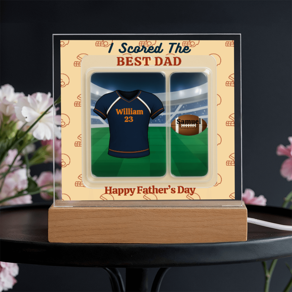 LED - Wooden Base Acrylic Square Plaque - Scored The Best Dad - Football