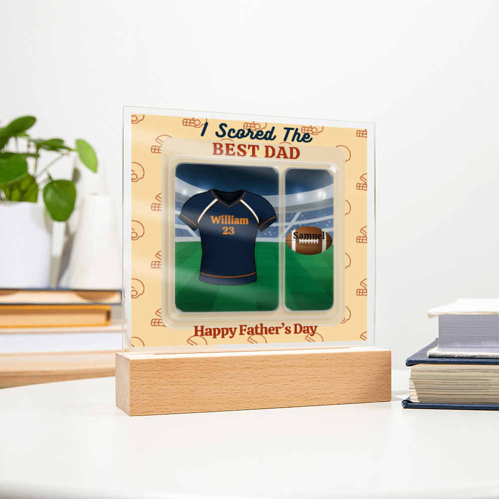 LED - Wooden Base Acrylic Square Plaque - Scored The Best Dad - Football