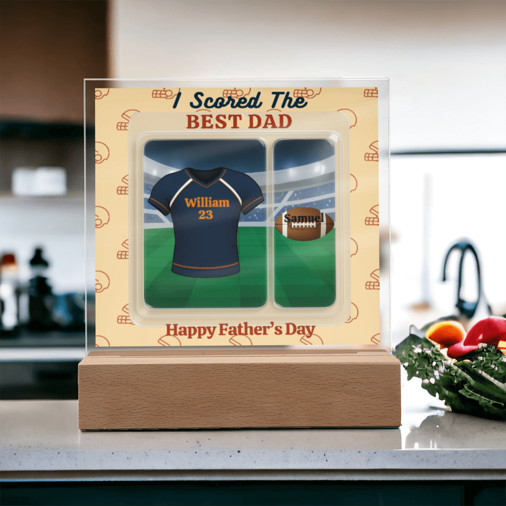 LED - Wooden Base Acrylic Square Plaque - Scored The Best Dad - Football