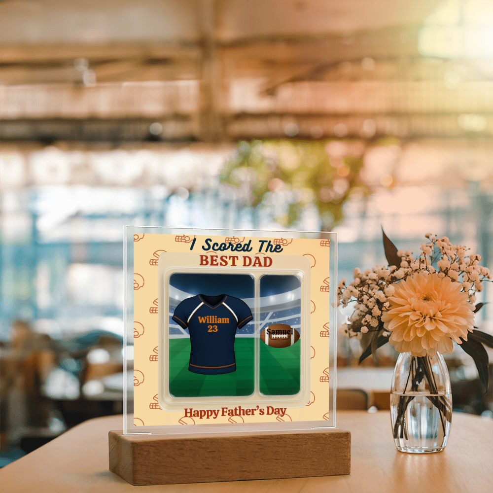 LED - Wooden Base Acrylic Square Plaque - Scored The Best Dad - Football
