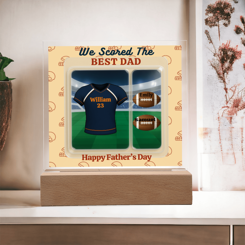 LED - Wooden Base Acrylic Square Plaque - Scored The Best Dad - Football