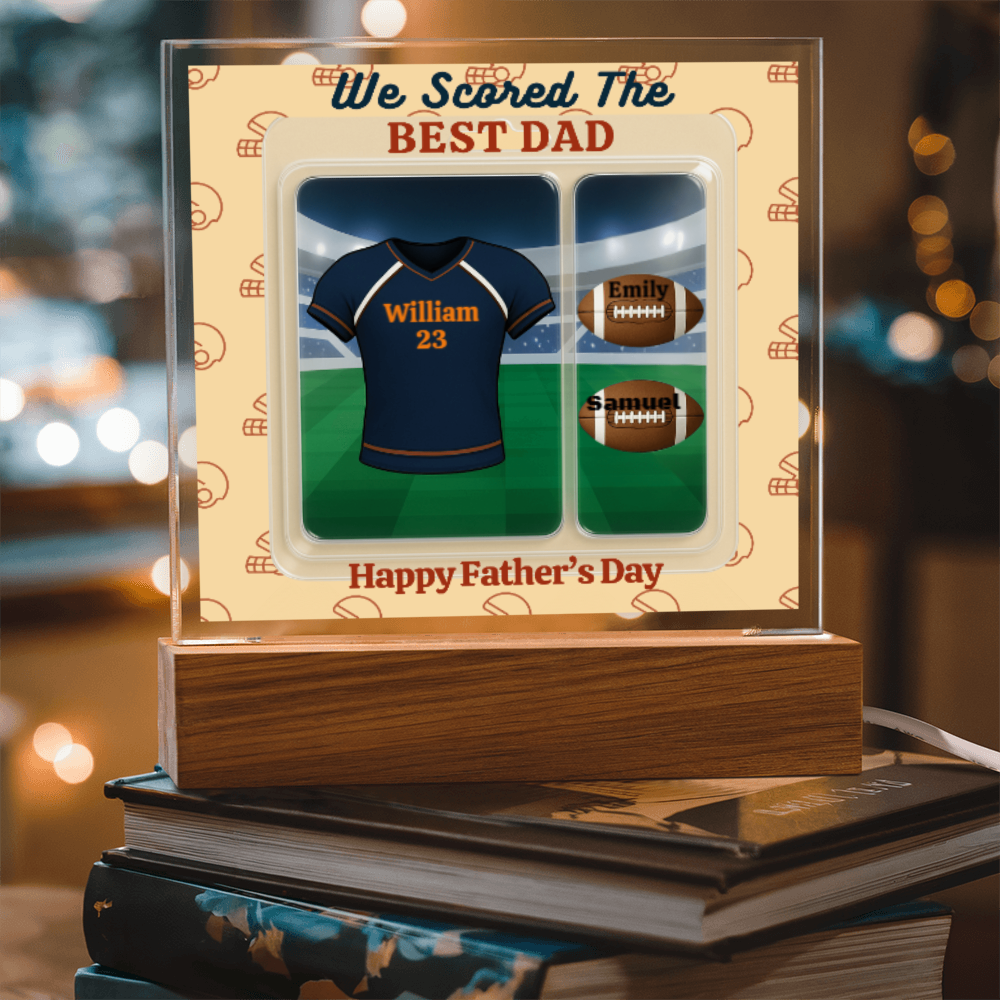 LED - Wooden Base Acrylic Square Plaque - Scored The Best Dad - Football