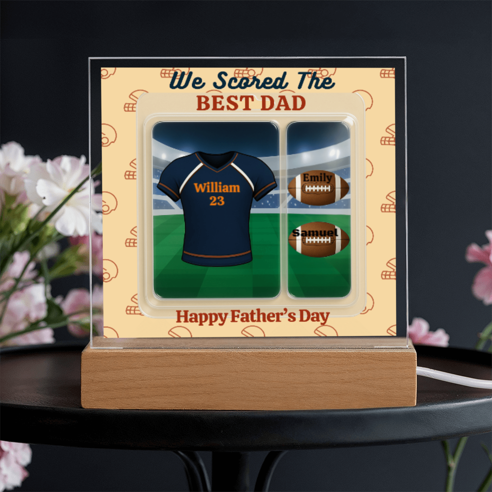 LED - Wooden Base Acrylic Square Plaque - Scored The Best Dad - Football