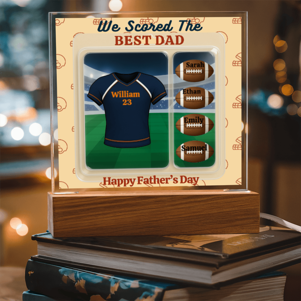 LED - Wooden Base Acrylic Square Plaque - Scored The Best Dad - Football