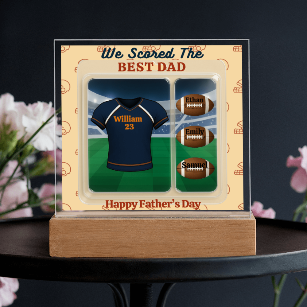 LED - Wooden Base Acrylic Square Plaque - Scored The Best Dad - Football