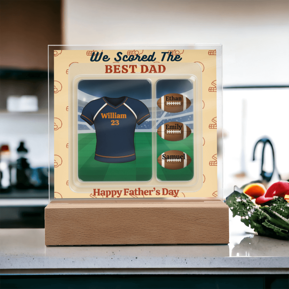 LED - Wooden Base Acrylic Square Plaque - Scored The Best Dad - Football