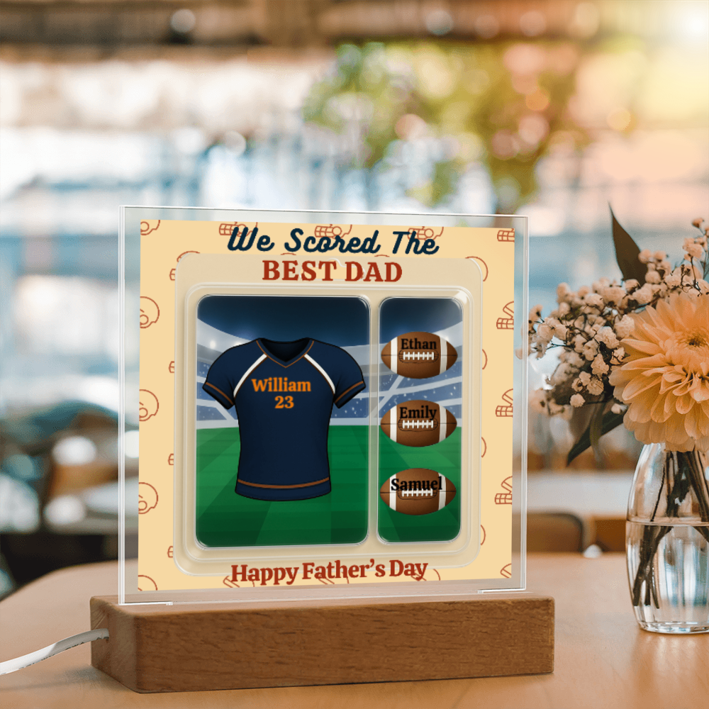 LED - Wooden Base Acrylic Square Plaque - Scored The Best Dad - Football