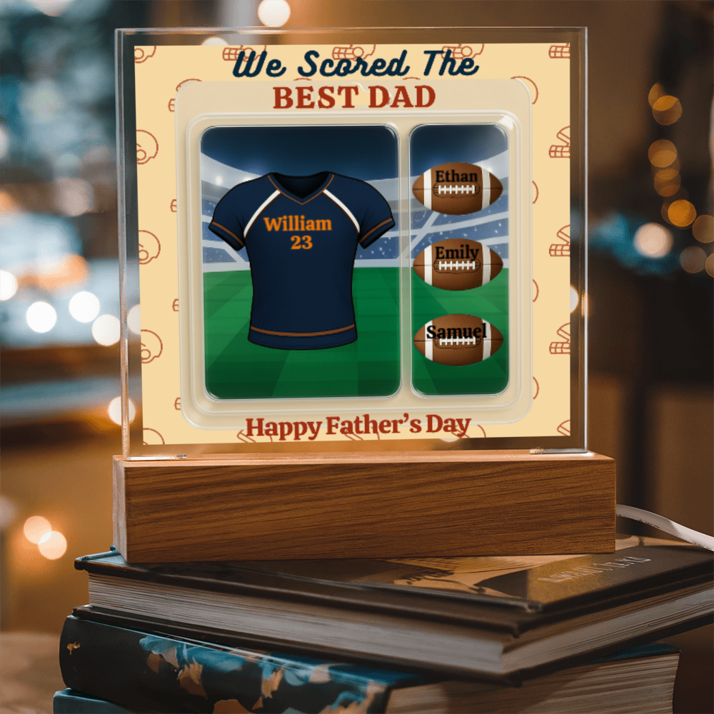 LED - Wooden Base Acrylic Square Plaque - Scored The Best Dad - Football