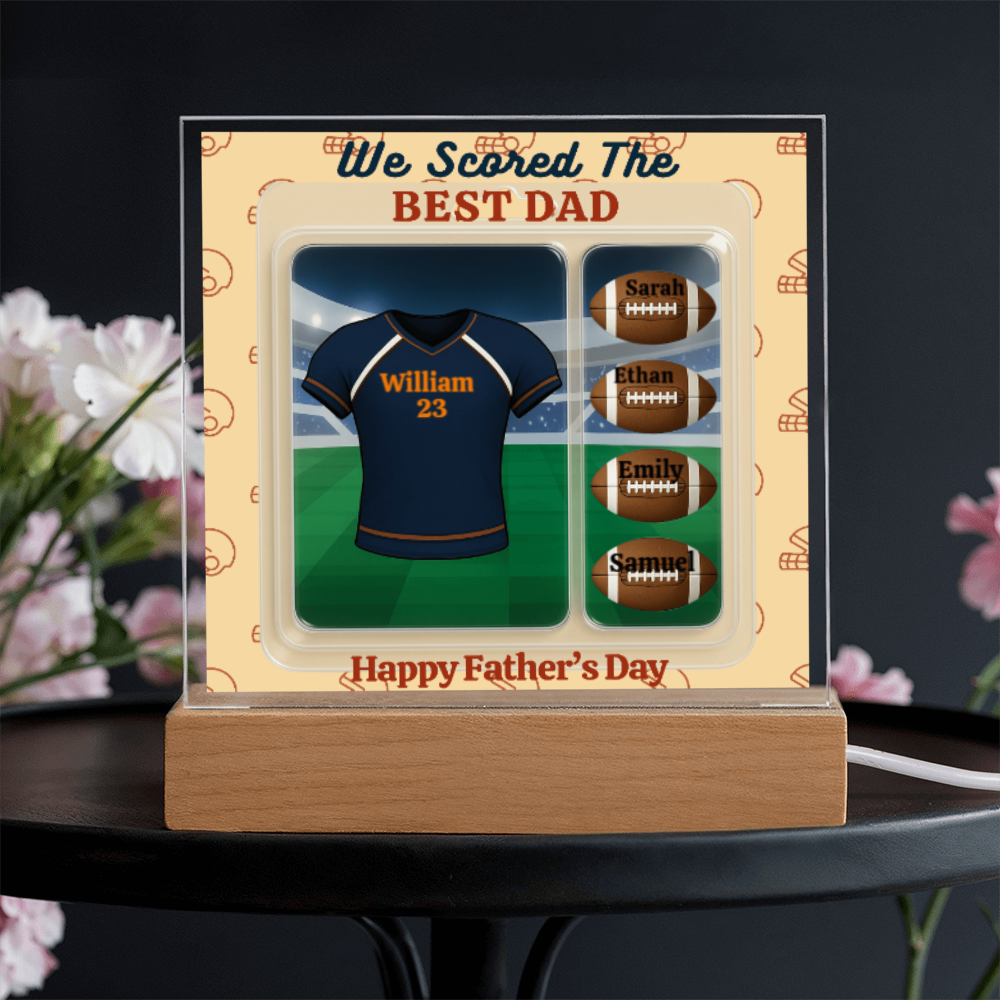 LED - Wooden Base Acrylic Square Plaque - Scored The Best Dad - Football