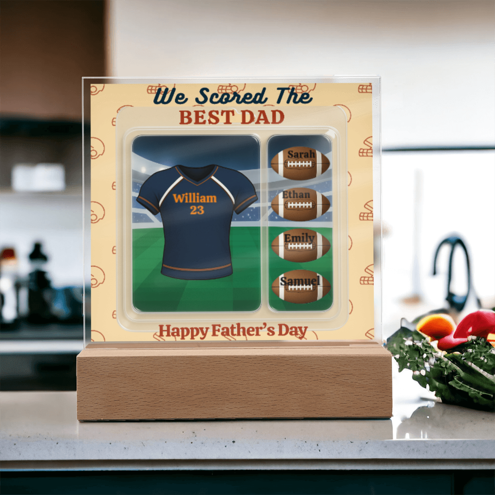 LED - Wooden Base Acrylic Square Plaque - Scored The Best Dad - Football