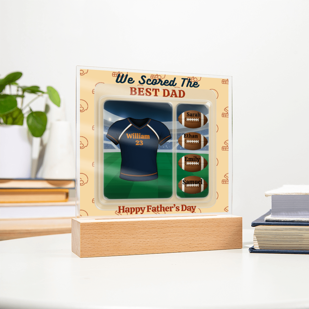 LED - Wooden Base Acrylic Square Plaque - Scored The Best Dad - Football