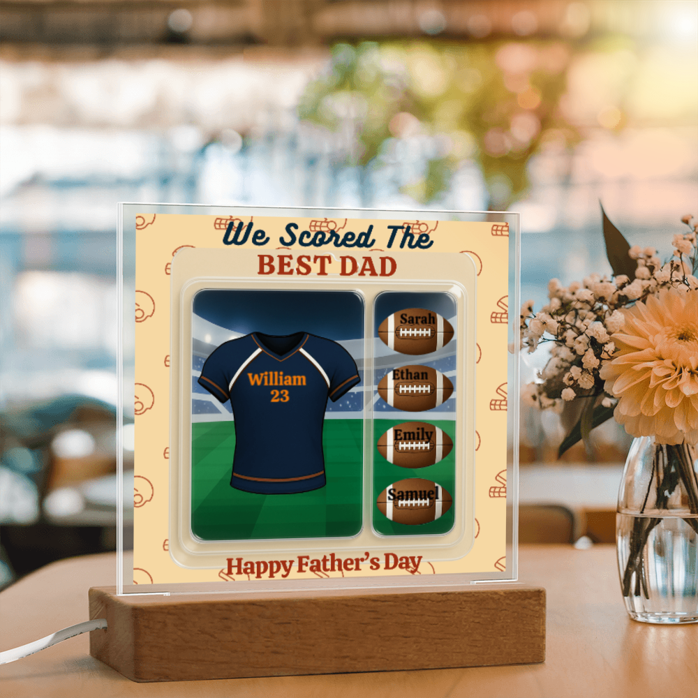 LED - Wooden Base Acrylic Square Plaque - Scored The Best Dad - Football