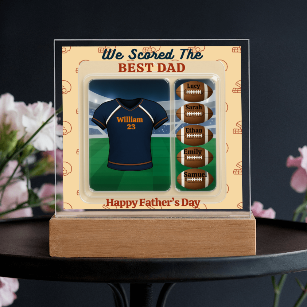 LED - Wooden Base Acrylic Square Plaque - Scored The Best Dad - Football