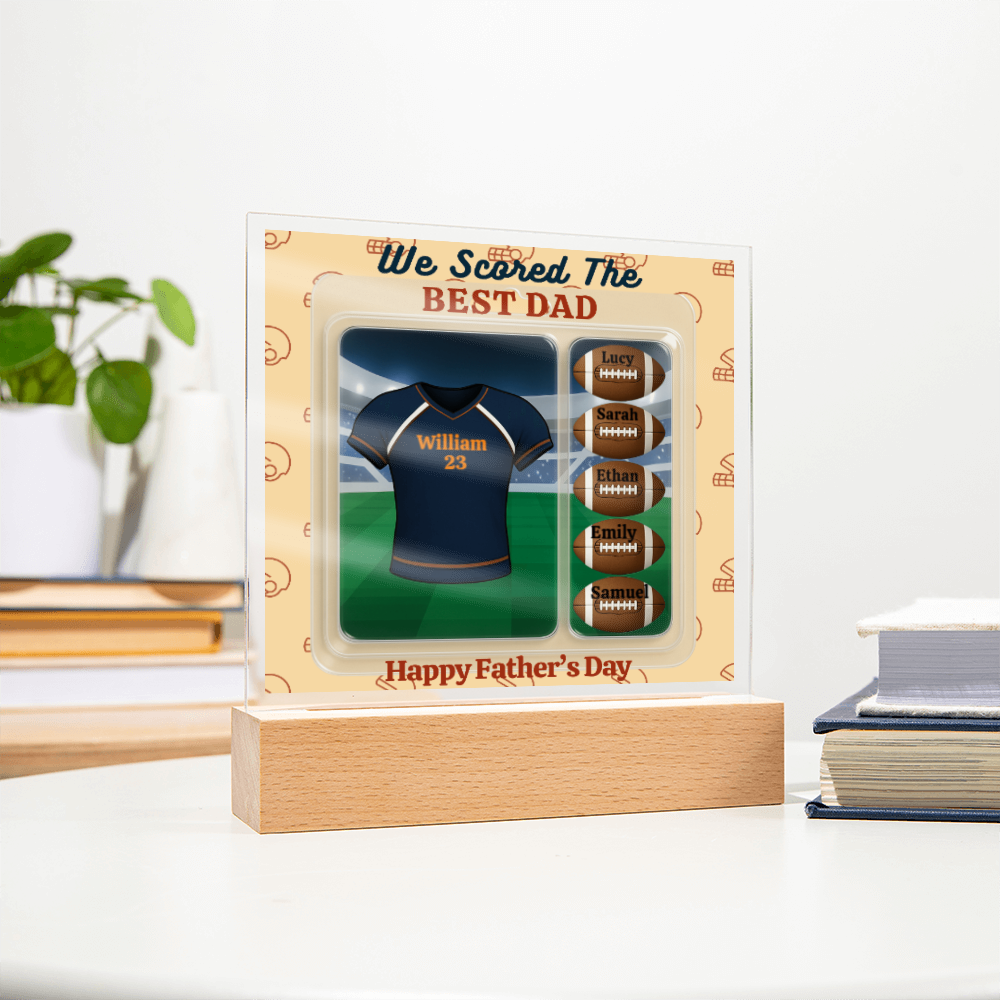 LED - Wooden Base Acrylic Square Plaque - Scored The Best Dad - Football