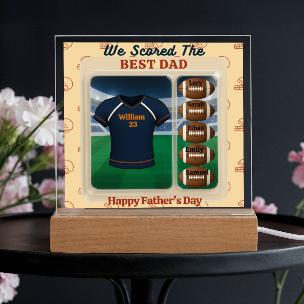 LED - Wooden Base Acrylic Square Plaque - Scored The Best Dad - Football