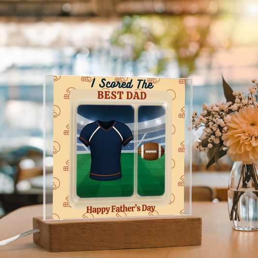 LED - Wooden Base Acrylic Square Plaque - Scored The Best Dad - Football
