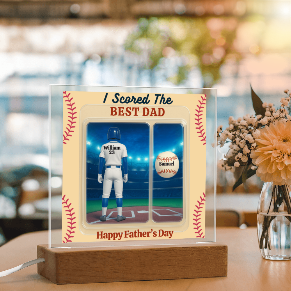 LED Base Acrylic Square Plaque - Scored The Best Dad - Baseball