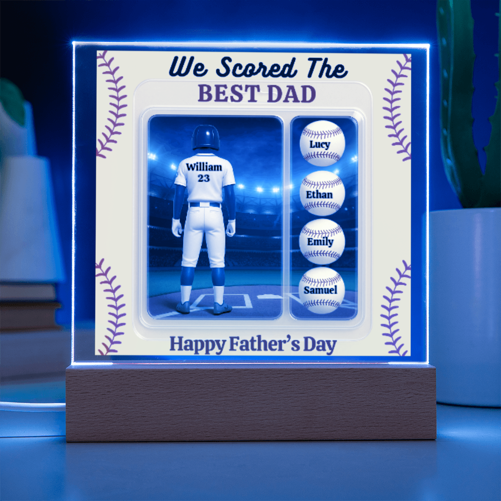 LED Base Acrylic Square Plaque - Scored The Best Dad - Baseball