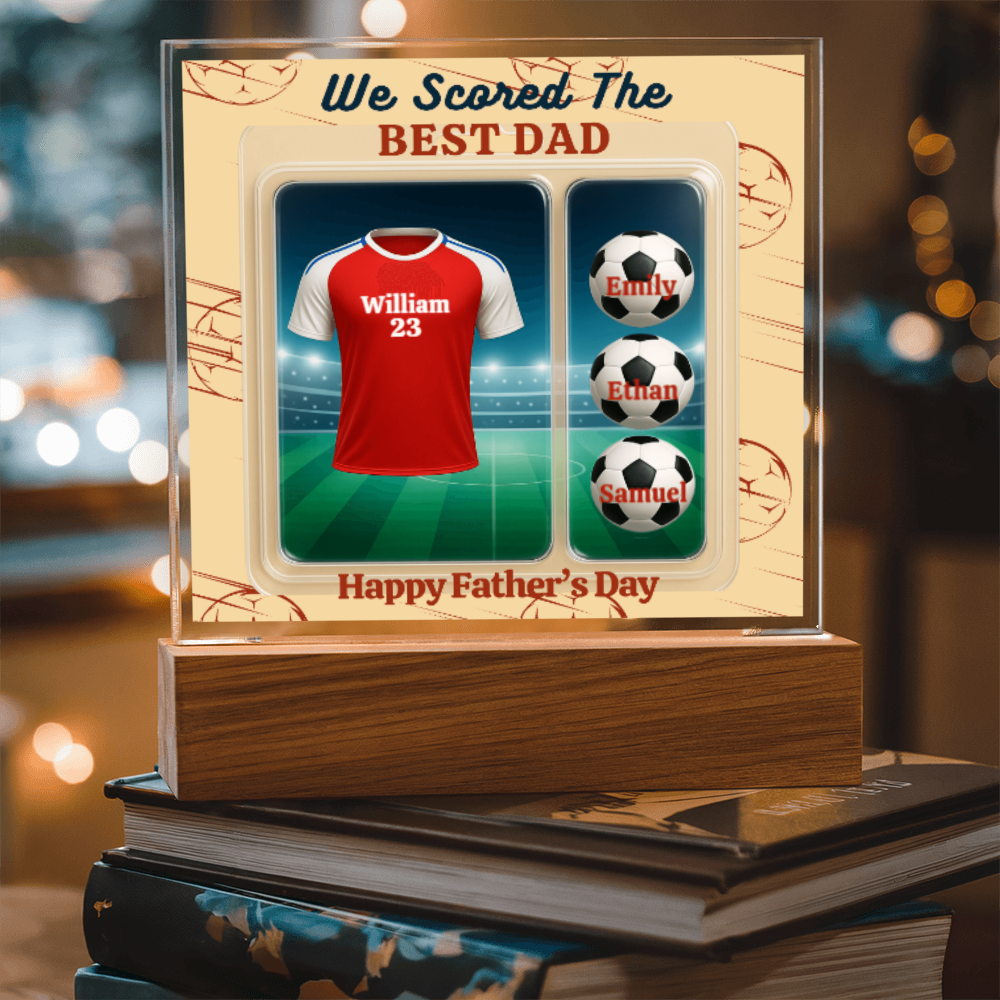 LED - Wooden Base Acrylic Square Plaque - Scored The Best Dad - Soccer