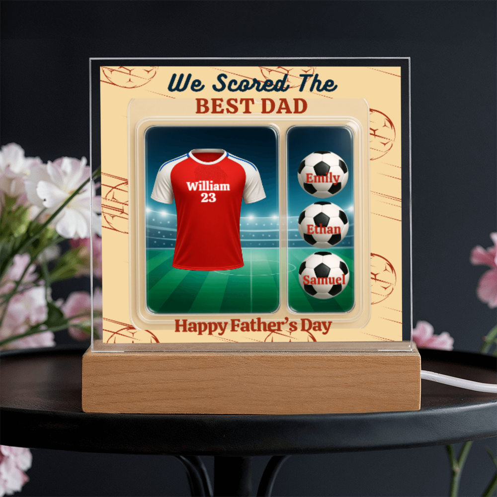 LED - Wooden Base Acrylic Square Plaque - Scored The Best Dad - Soccer