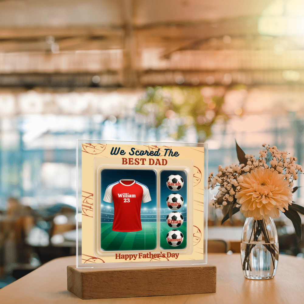 LED - Wooden Base Acrylic Square Plaque - Scored The Best Dad - Soccer