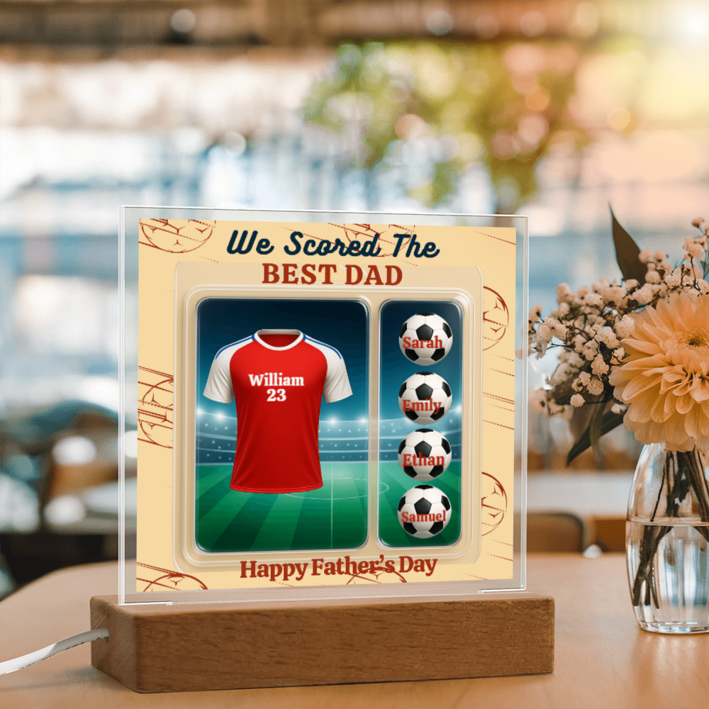 LED - Wooden Base Acrylic Square Plaque - Scored The Best Dad - Soccer