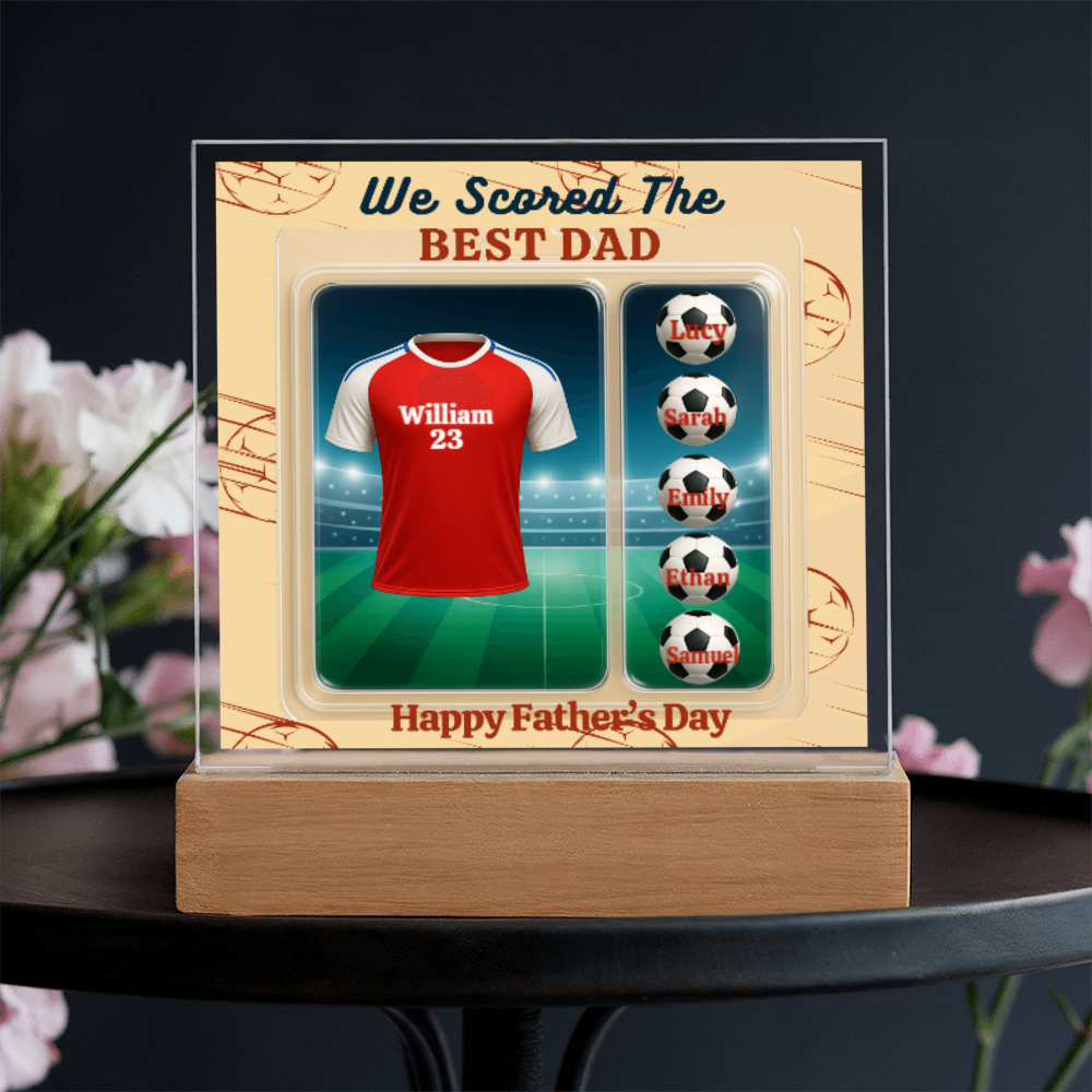 LED - Wooden Base Acrylic Square Plaque - Scored The Best Dad - Soccer