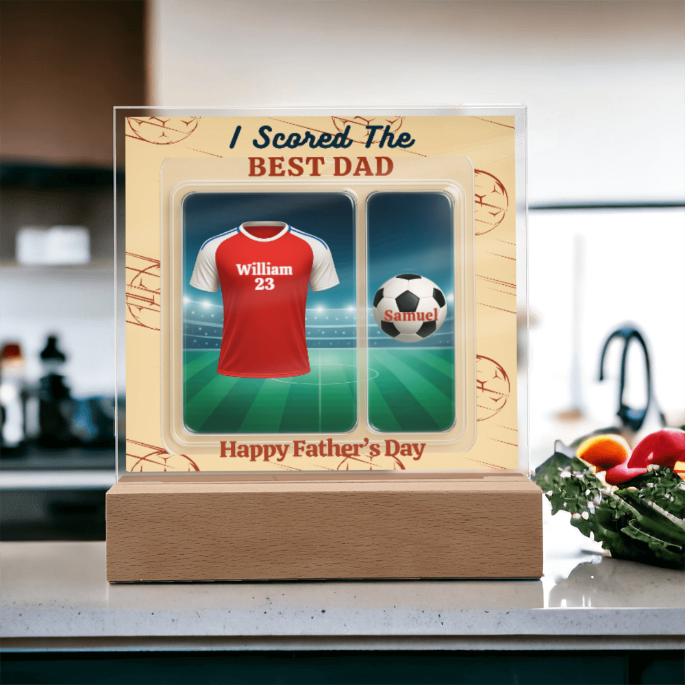 LED - Wooden Base Acrylic Square Plaque - Scored The Best Dad - Soccer