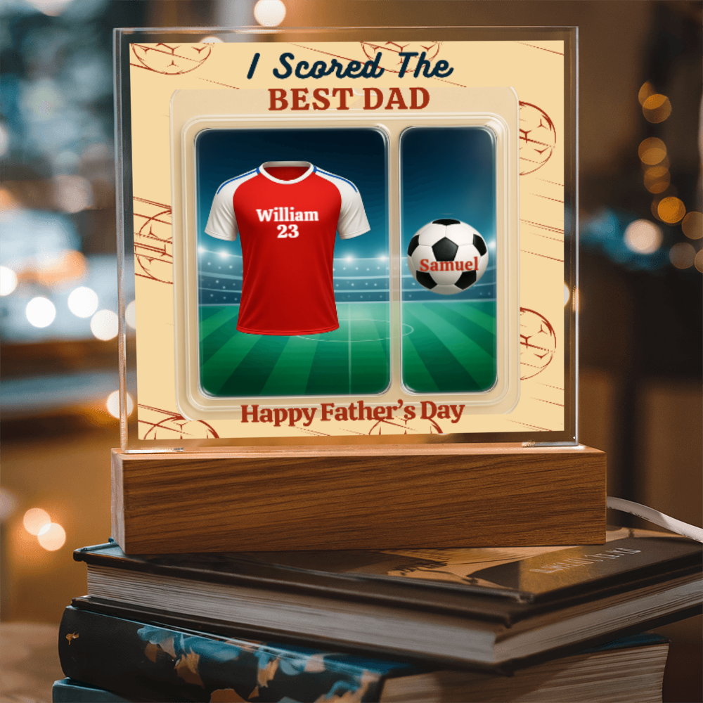 LED - Wooden Base Acrylic Square Plaque - Scored The Best Dad - Soccer